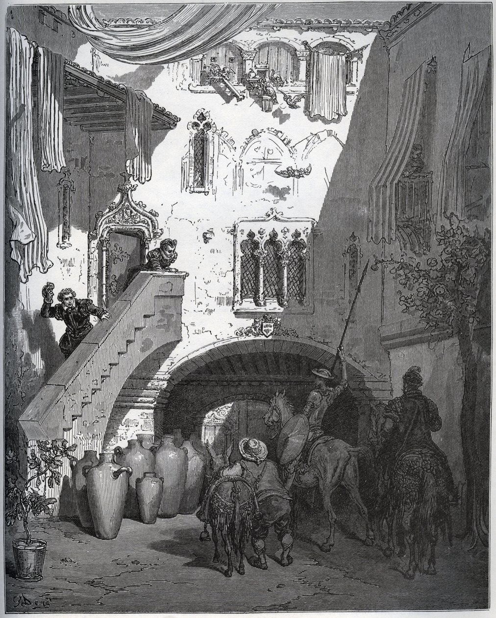 Don Quijote y Sancho Panza, invitados por Don Diego de Miranda en su casa, son recibidos por la esposa y el hijo del caballero - de “Don Quijote de la Mancha” de Miguel Cervantes (1547-1616) - xilografía después del dibujo de Gustave Doré de Gustave Dore
