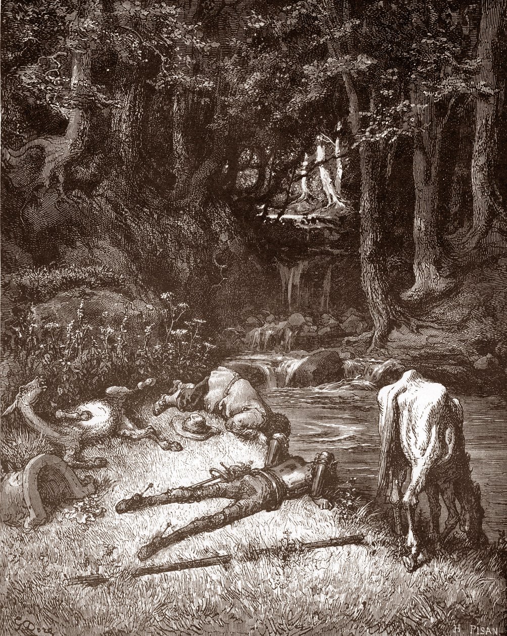 Don Quijote y Sancho Panza se refrescan en un arroyo Grabado de Gustave Dore (1832-1883) para "L