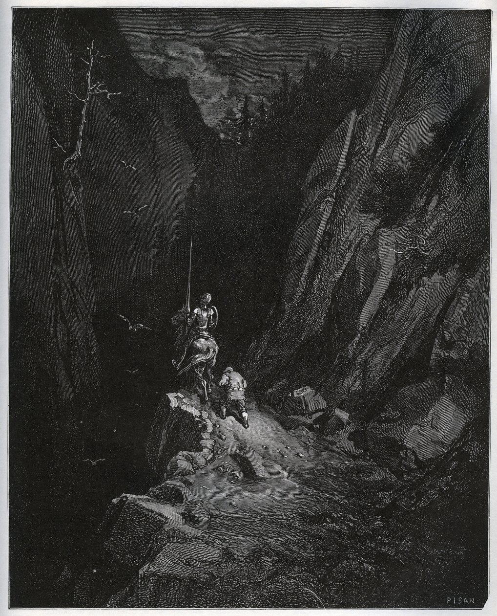 Don Quijote y Sancho Panza se adentran en Sierra Morena - de "Don Quijote de la Mancha" de Miguel de Cervantes (1547-1616) - xilografía después de un dibujo de Gustave Doré. de Gustave Dore
