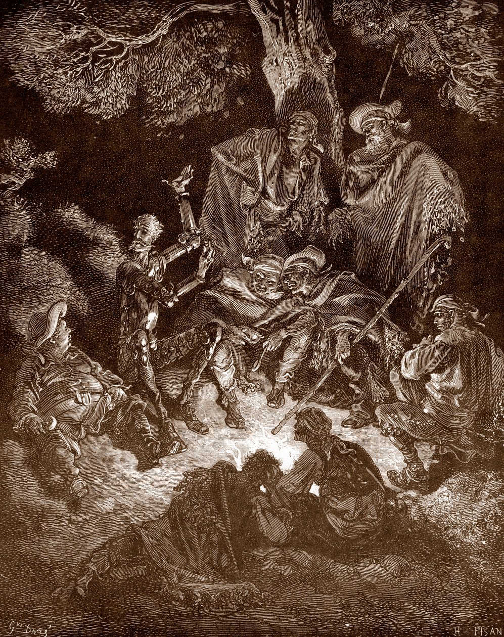 Don Quijote y Sancho Panza con los cabreros Grabado de Gustave Dore (1832-1883) para "L