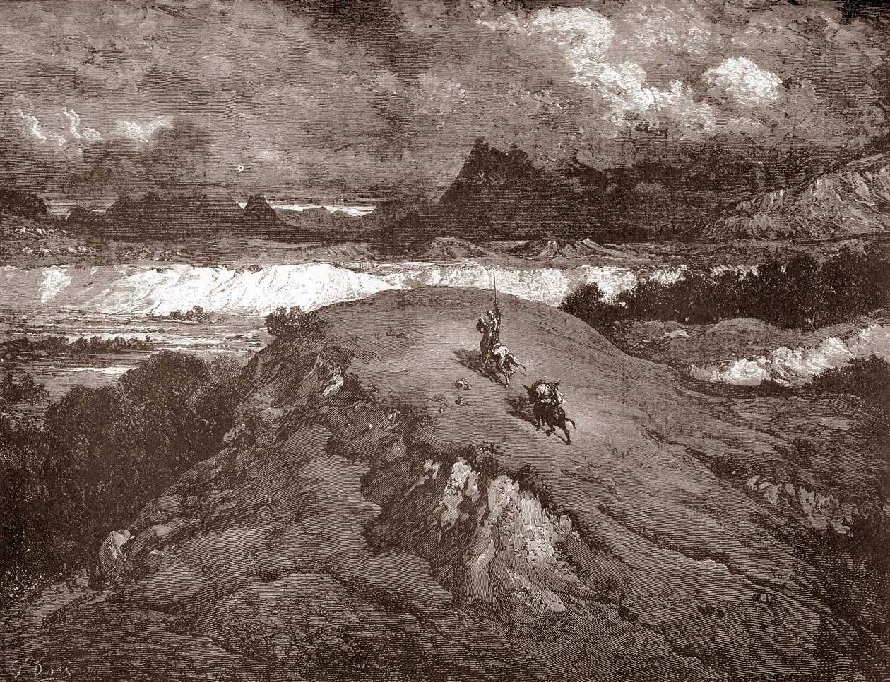 Don Quijote y sancho Panza acercándose a la sierra morena Grabado de Gustave Dore (1832-1883) para "L