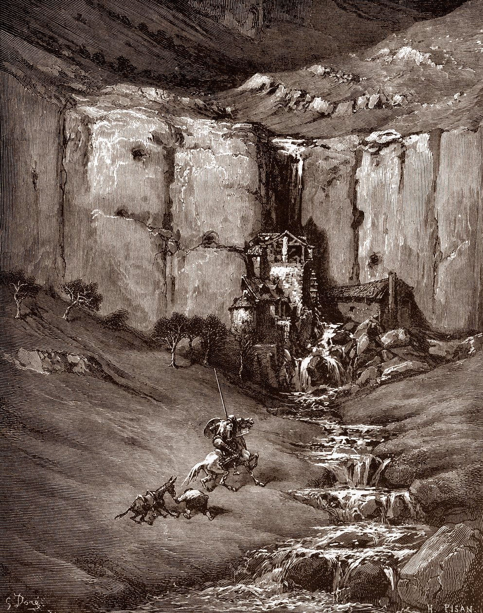 Don Quijote y sancho Panza ven una cascada y casuchas ruidosas (Don Quijote and sancho Panza see a waterfall and noisy hovels) Grabado de Gustave Dore (1832-1883) para "El Ingenioso Hidalgo Don Quijote de la Mancha (Quixotte - Quijote)" de Miguel de Cerva de Gustave Dore