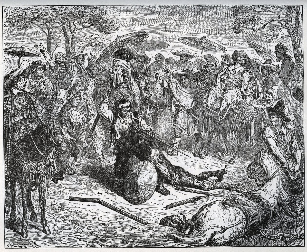 Don Quijote golpeado en medio de un grupo de comerciantes - El mulero había tomado gusto al juego - de "Don Quijote de la Mancha" de Miguel Cervantes de Gustave Dore