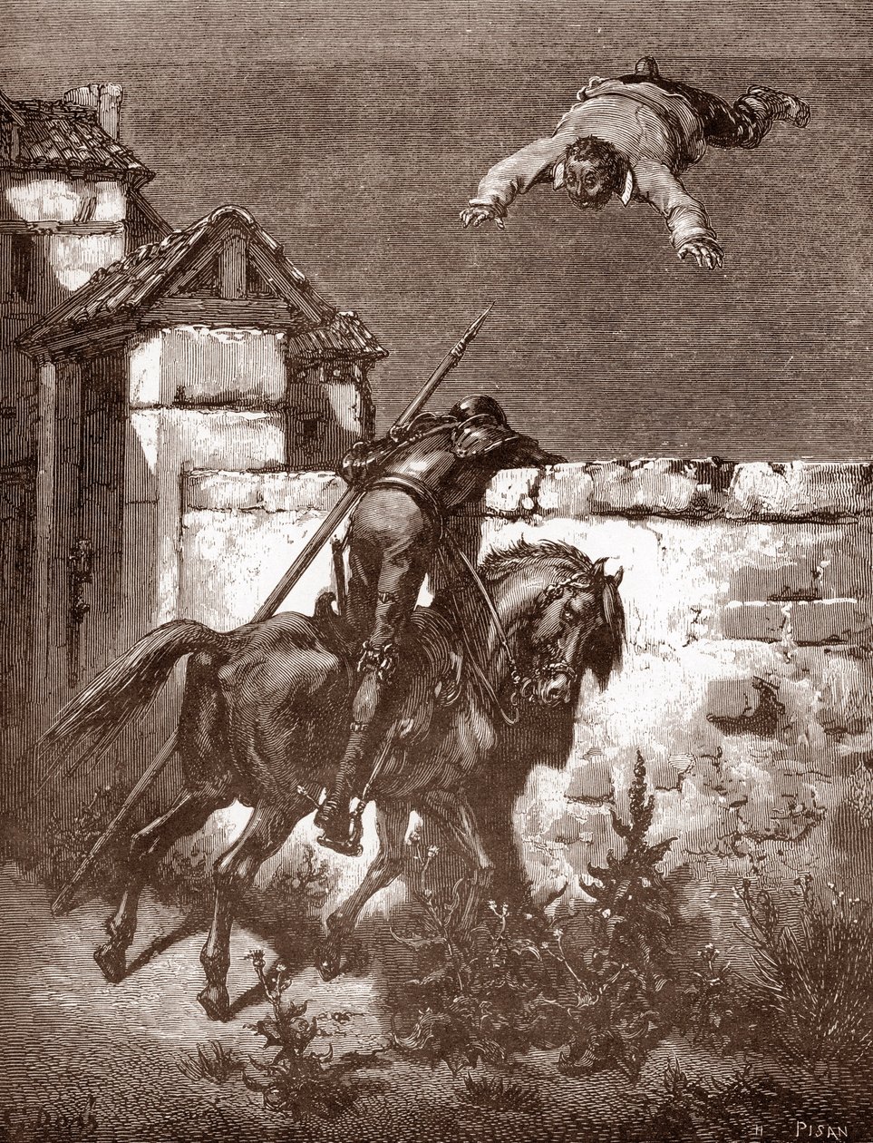 Don Quijote no logra detener a los lanzadores de Sancho Panca que le hacen rebotar en una manta (las protestas de Don Quijote no logran influir en los lanzadores) Grabado de Gustave Dore (1832-1883) para "L