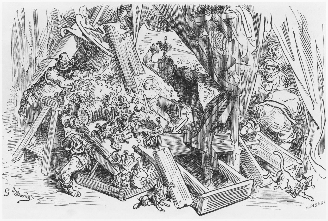 Don Quijote luchando contra los títeres, ilustración de 
