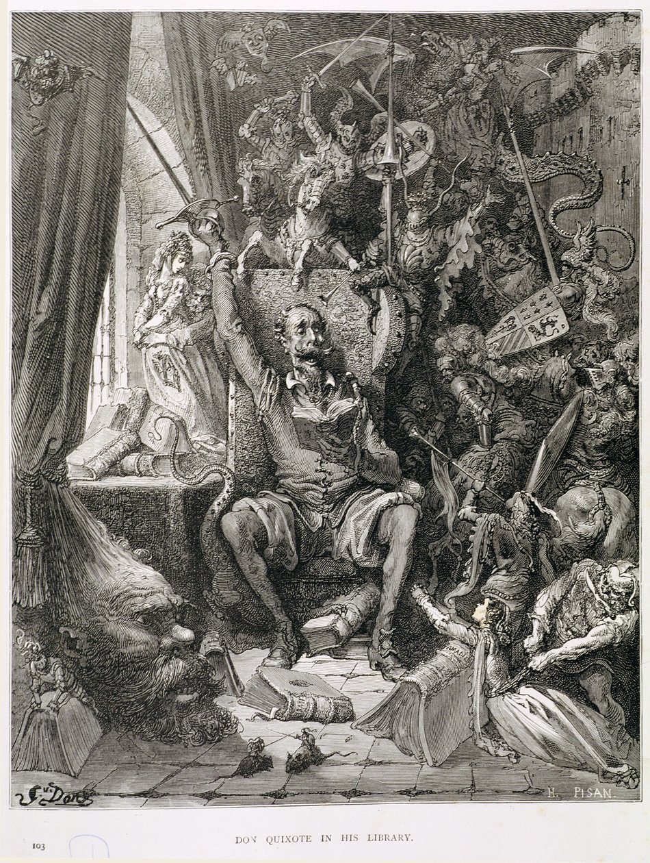 Don Quijote en su Biblioteca, grabado por Heliodore Joseph Pisan (1822-90) c.1868 de Gustave Dore