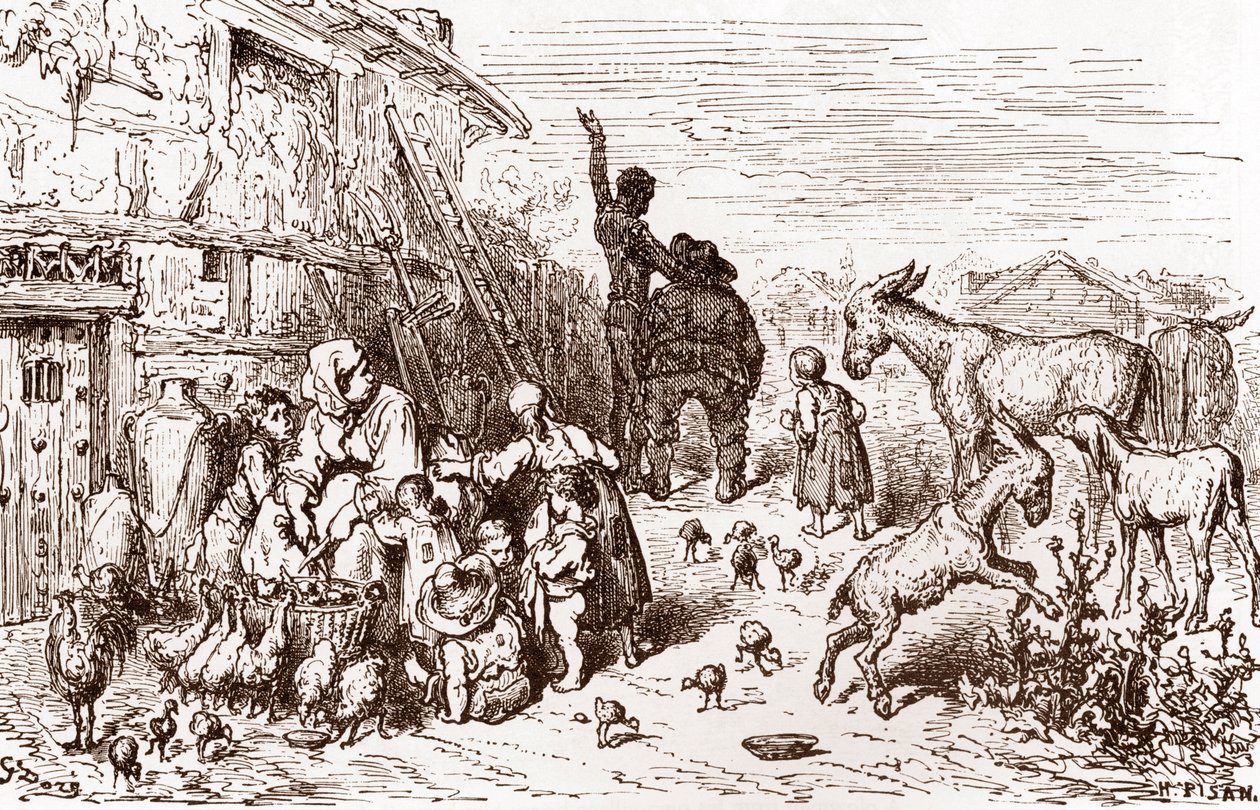 Don Quijote convence a su vecino Sancho Panza para que se convierta en su escudero Grabado de Gustave Dore (1832-1883) para "L