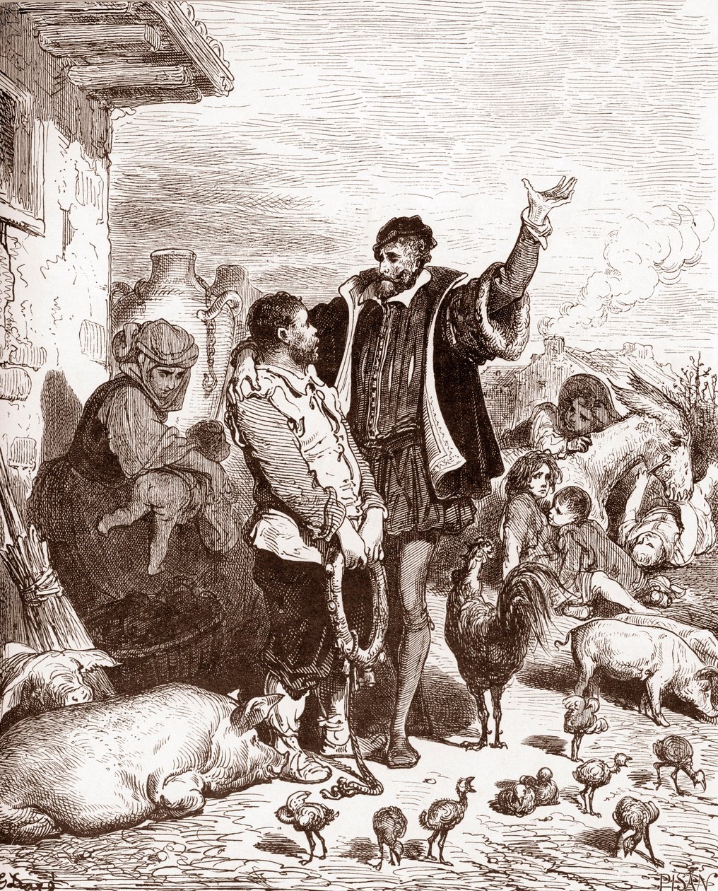 Don Quijote convence a su vecino Sancho Panza para que se convierta en su escudero prometiéndole hacerle gobernador de alguna ínsula conquistada Grabado de Gustave Dore (1832-1883) para "L