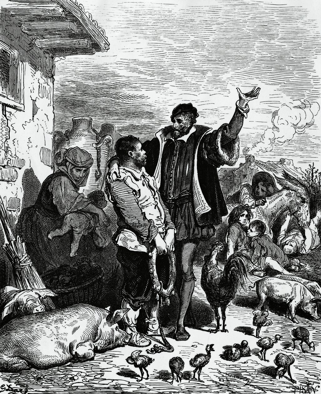 Don Quijote llevando a Sancho Panza de su casa y nombrándolo gobernador, ilustración de Gustave Doré para la edición de 1880 de Don Quijote de Miguel de Cervantes Saavedra de Gustave Dore