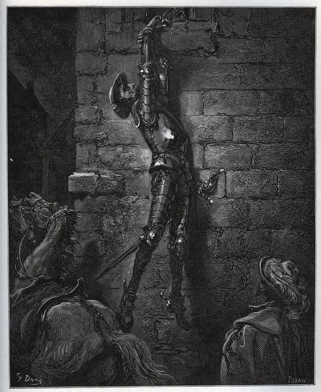 Don Quijote atrapado por la hija del posadero y Maritornes, queda suspendido de una ventana - de “Don Quijote de la Mancha” por Miguel de Cervantes (1547-1616) - Grabado en madera después de un dibujo de Gustave Doré de Gustave Dore