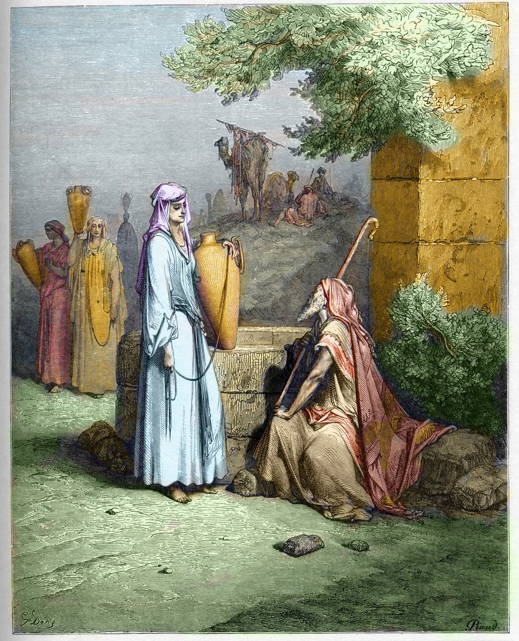 Eliezer y Rebeca - Eliezer, el sirviente de Abraham, recibe un vaso de agua de Rebeca - Eliezer y Rebeca - grabado en “The Bible illustree” por Gustave Dore (1832-1883) - Grabado de “The Dore Bible” de Gustave Dore