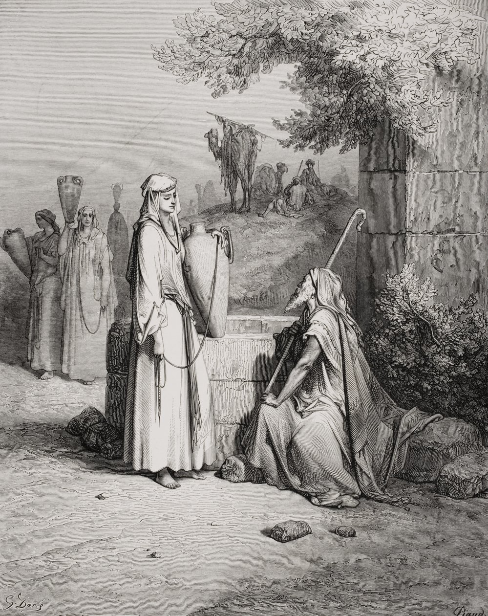 Eliezer y Rebeca, Génesis 24:15-21, ilustración de 
