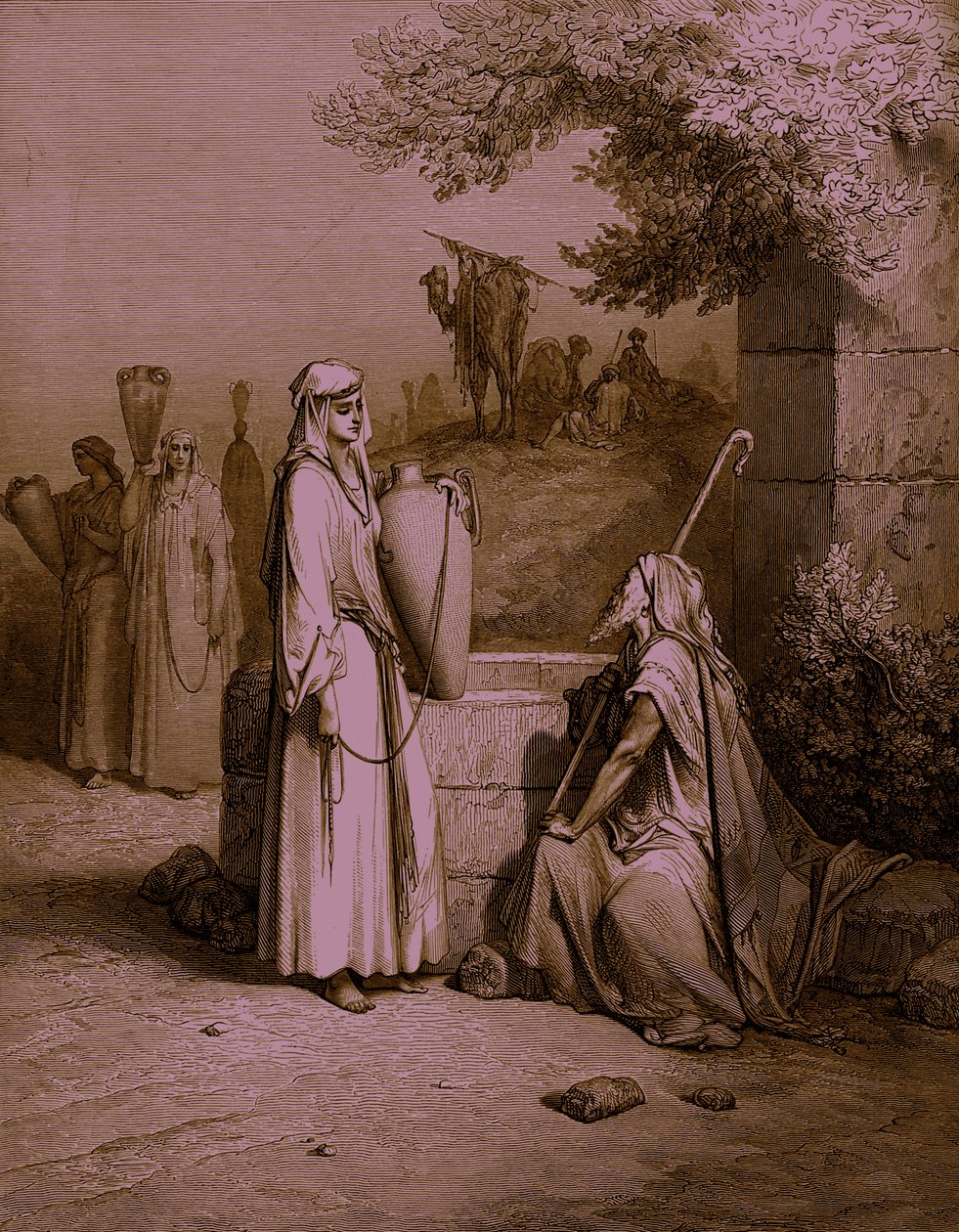 Eliezer y Rebeca, grabado por Doré - Biblia de Gustave Dore