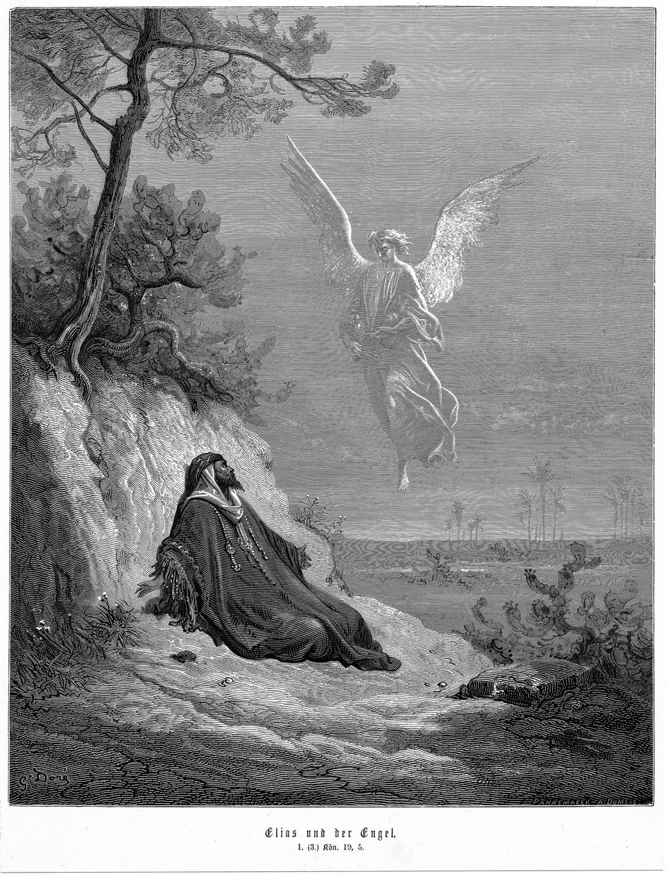 Elías va al desierto y pide morir, pero llega un ángel y le dice: "Levántate y come". Biblia 1 Reyes 19.5. De la Biblia de Gustave Dore 1865-1856. Grabado en madera de Gustave Dore