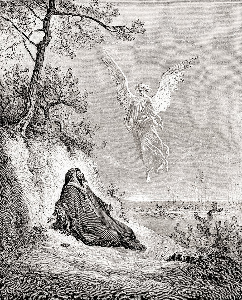Elías alimentado por un ángel. Según una obra de La Biblia de Gustave Dore. De Vida y recuerdos de Gustave Dore, publicado en 1885. de Gustave Dore