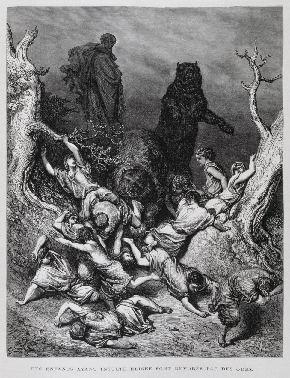 Eliseo observa cómo los osos destruyen a los niños, Ilustración de la Biblia de Dore de Gustave Dore