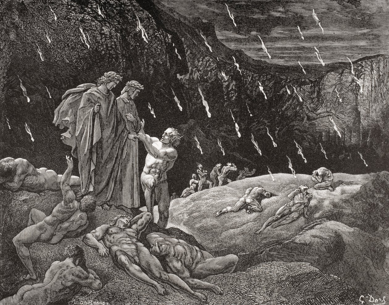 Grabado de Gustave Dore 1832-1883 Artista e ilustrador francés para Inferno de Dante Alighieri Canto XV líneas 28 y 29 de Gustave Dore