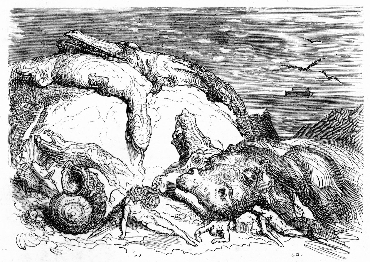 Grabado de Gustave Dore hacia 1850: evocación de un diluvio apocalíptico que combina la tradición bíblica (se ve a lo lejos el arca de Noé en el mar) y los inicios del conocimiento científico (varios animales monstruosos fracasaron en la montaña, pref de Gustave Dore