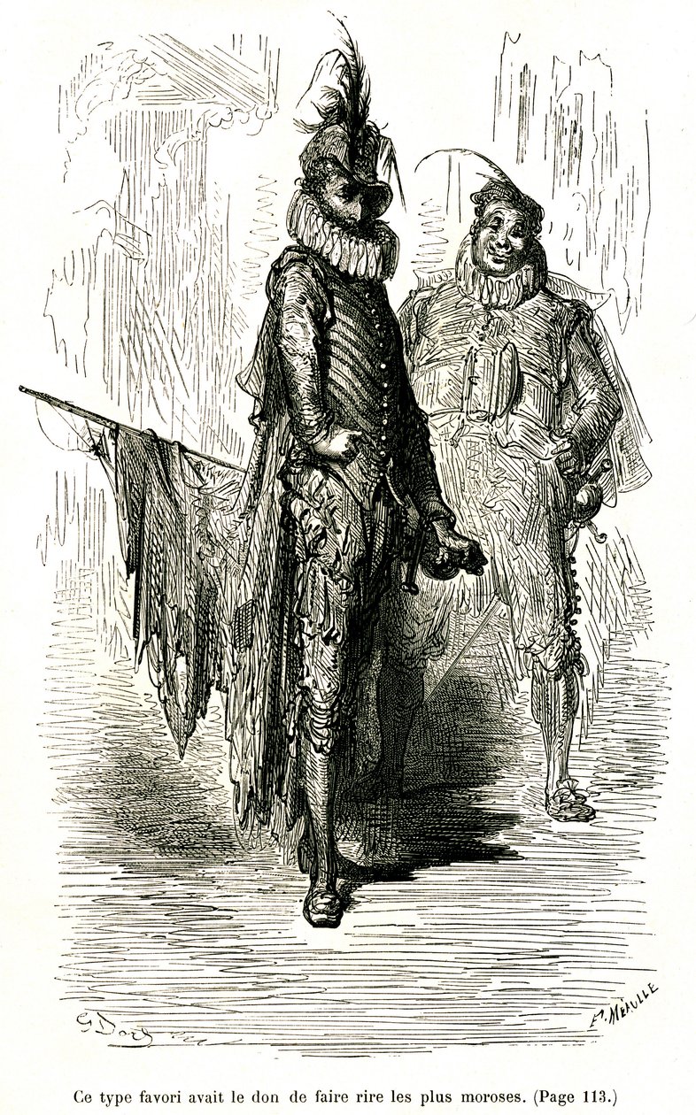 Grabado de Gustave Dore que ilustra la novela de Theophile Gautier "El capitán Fracasse". Edición Charpentier 1863. Dos comediantes (actores de la commedia dell