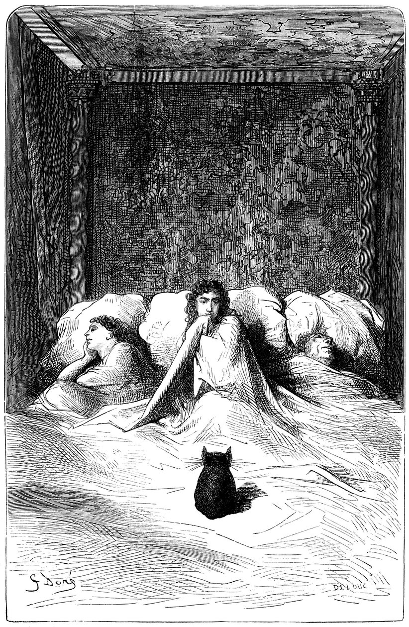 Grabado de Gustave Dore que ilustra la novela de Theophile Gautier "El capitán Fracasse". Edición Charpentier 1863. En la residencia del barón de Sigognac, el "Chateau de la Misere", una tropa de comediantes encontró refugio. Tres actrices se durmieron en  de Gustave Dore