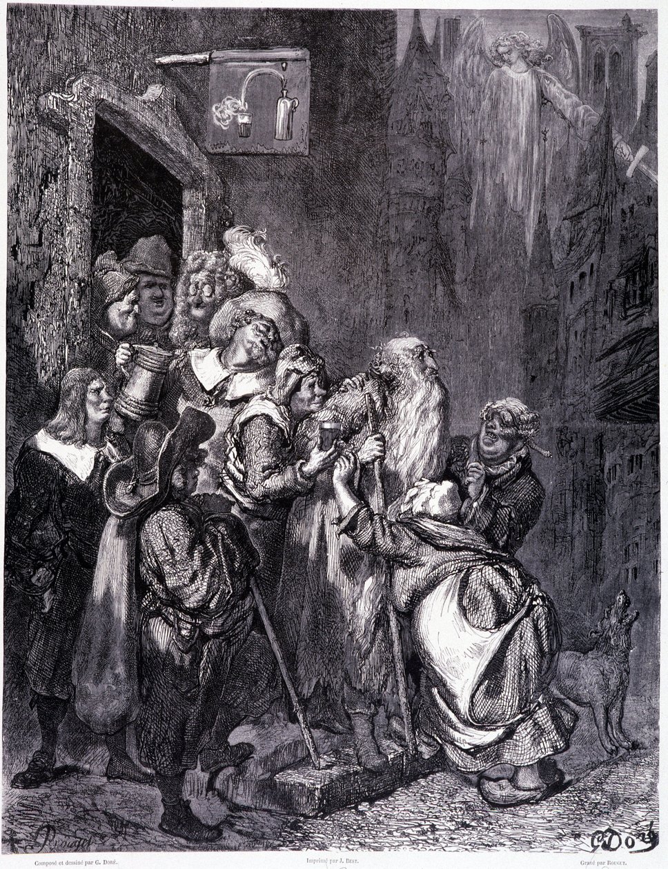 Entra en esta posada, placa IV - Ilustración de Gustave Doré (1832-1883), para La leyenda del judío errante de Pierre Dupont, edición Librería del magazín pintoresco, París 1862 de Gustave Dore