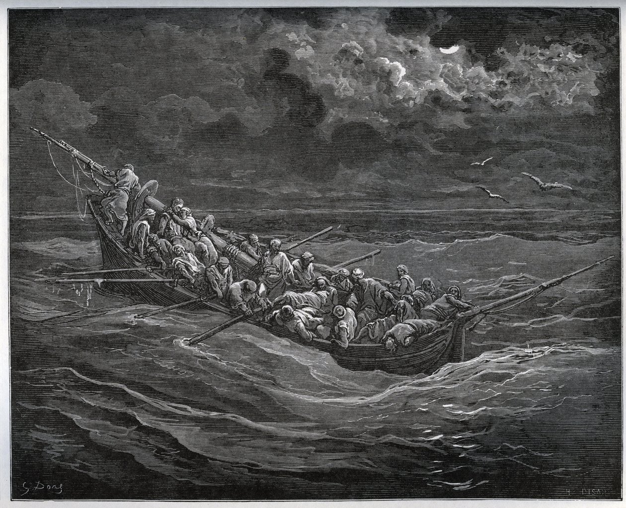 Escape de Zoraide con el cautivo en el bote lleno de fugitivos de Argel a España - de “Don Quijote de la Mancha” por Miguel de Cervantes (1547-1616) - Grabado en madera después de un dibujo de Gustave Doré de Gustave Dore