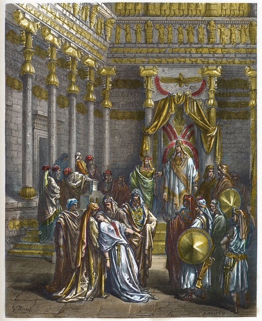 Ester se desmaya ante el rey de Persia Asuero 1º (Jerjes 1º) - La reina Ester se desmaya ante el rey Asuero - - grabado en "La Biblia ilustrada" de Gustave Dore (1832-1883) - Grabado de "La Biblia de Dore" de Gustave Dore