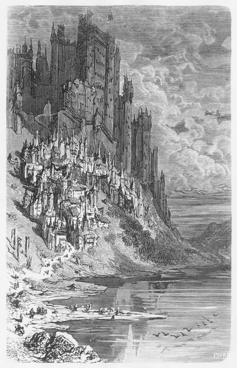 Paisaje de fantasía con ciudad y castillo, ilustración de 