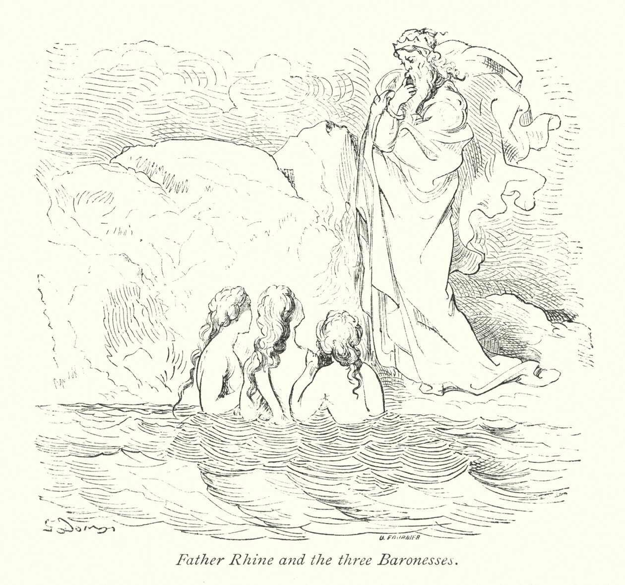 El padre Rin y las tres baronesas (grabado) de Gustave Dore