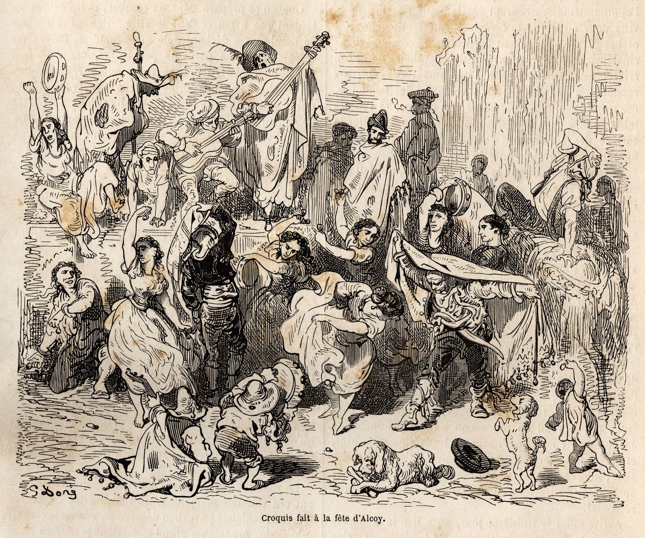 Fiestas de San Jorge, patrón de la ciudad de Alcoy, boceto realizado en vivo por Gustave Doré (1832-1883), para ilustrar su viaje a España, en 1862, con Ch. Davillier. Grabado en "Le tour du monde", editado por Edouard Charton de Gustave Dore