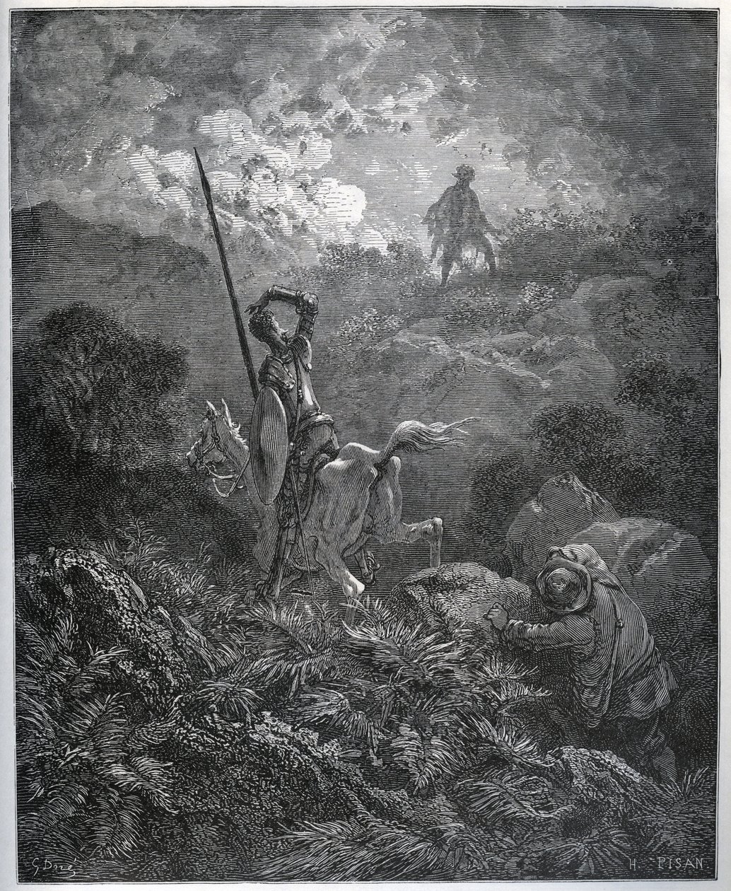 Primera aparición del Deguenille-de-la-Malaise-Mine - de "Don Quijote de la Mancha" de Miguel de Cervantes (1547-1616) - xilografía después de un dibujo de Gustave Doré. de Gustave Dore