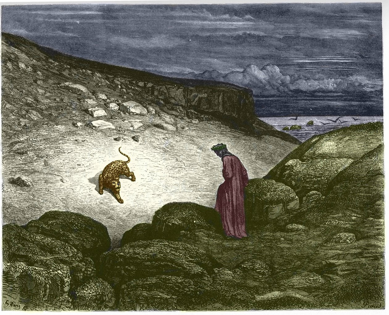 Primer canto del infierno, una pántara se opone al paso de Dante. Ilustración de Gustave Dore de Gustave Dore