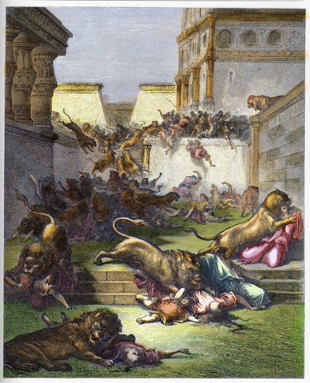 Extranjeros devorados por leones en Samaria - Antiguo Testamento. Personas devoradas por leones en Samaria - grabado en “La Biblia ilustrada” por Gustave Dore (1832-1883) - Grabado de “La Biblia de Dore” de Gustave Dore