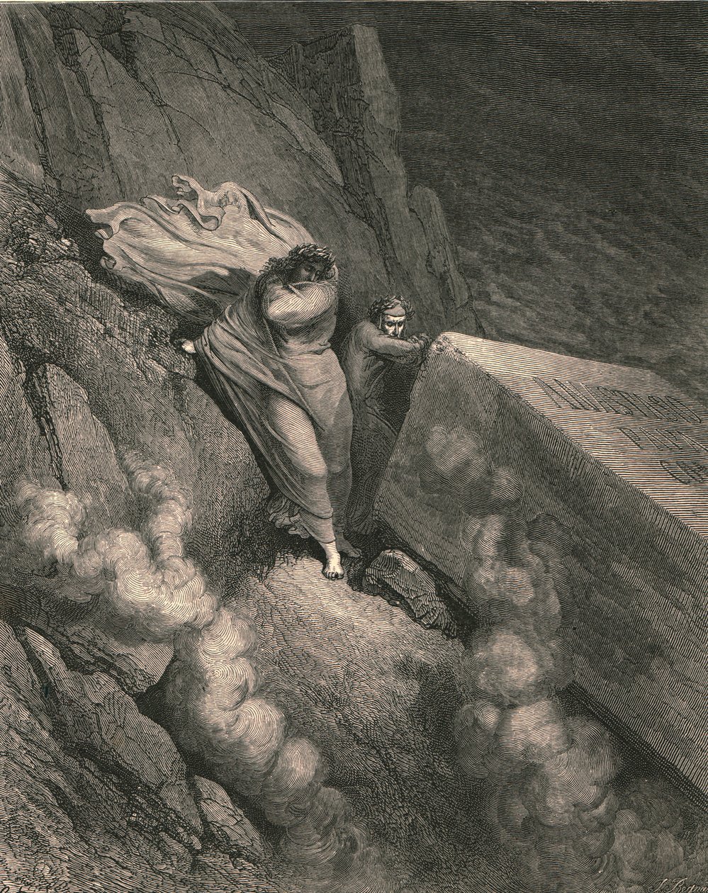 Desde el abismo profundo, detrás de la tapa de un gran monumento nos retiramos, c1890 de Gustave Dore