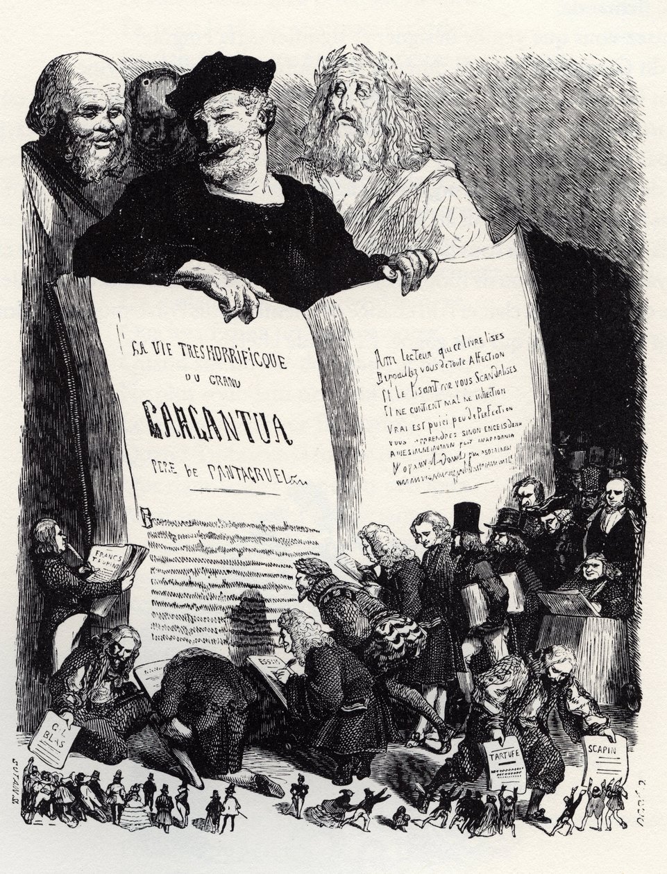 Frontispicio de la edición de 1854 - En compañía de escritores antiguos y modernos, Rabelais presenta su segunda novela - ilustración de 