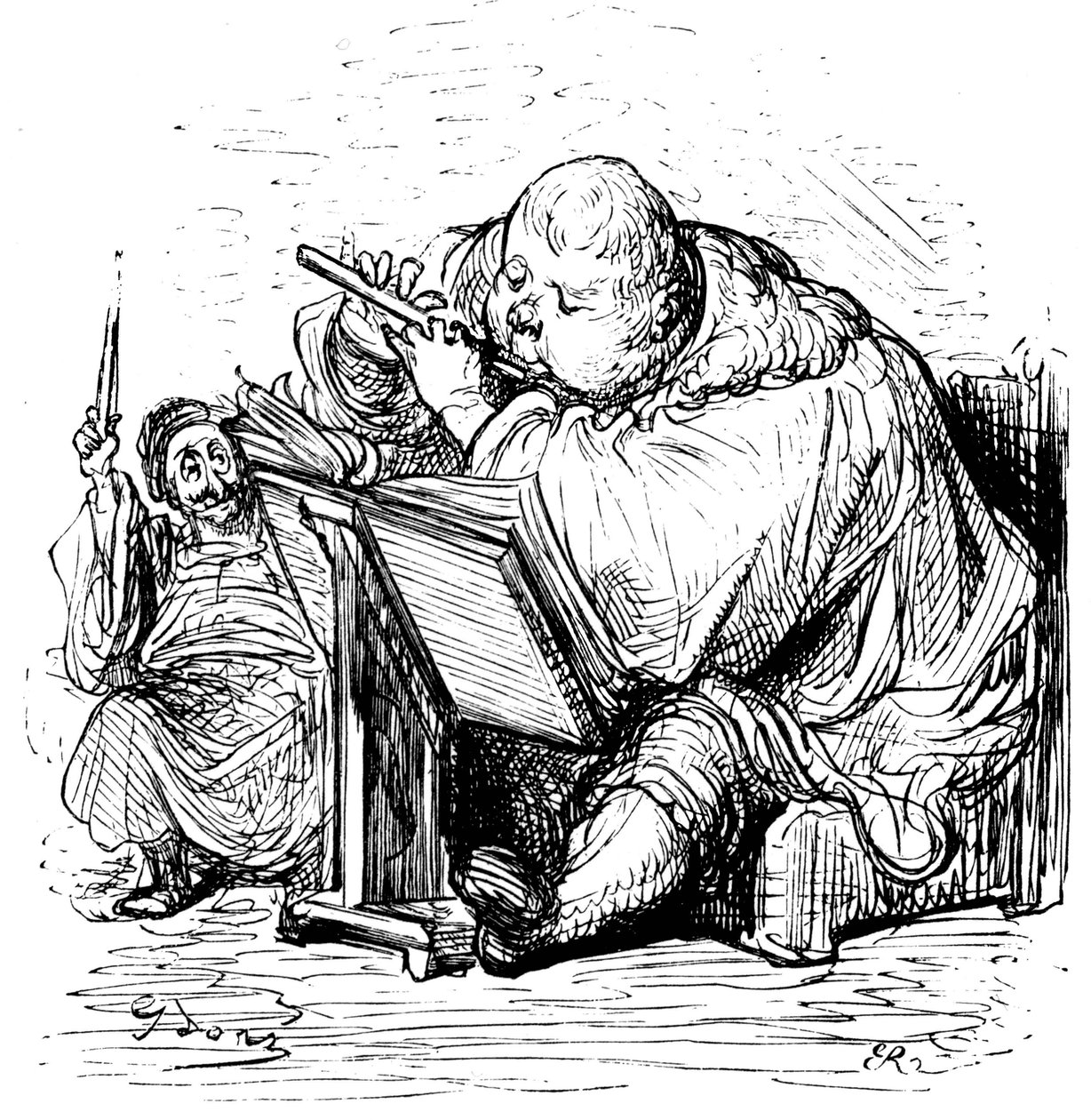 La educación de Gargantúa: el joven caballero aprende a tocar la flauta con su profesor de música. Grabado de Gustave Dore que ilustra la obra de Rabelais. de Gustave Dore