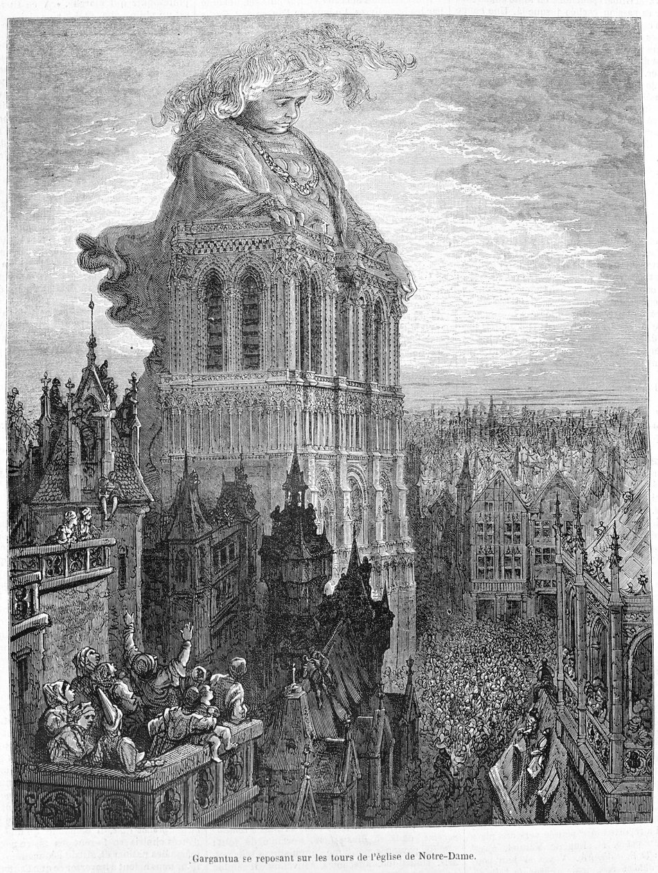 Gargantúa descansando sobre las torres de la Iglesia de Nuestra Señora. Grabado según la obra Gargantúa de François Rabelais de Gustave Dore