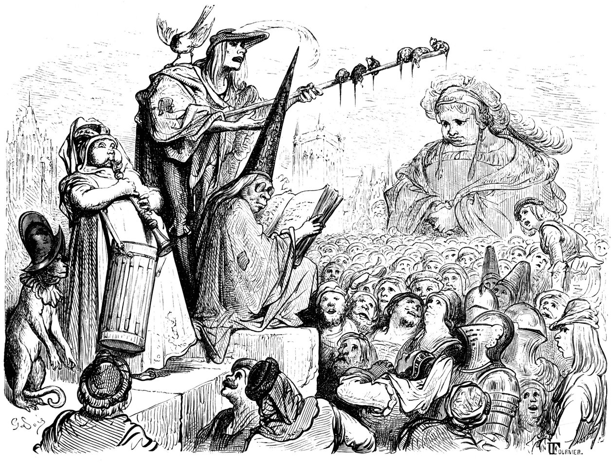 La educación de Gargantúa: "iba a escuchar lecciones públicas, actos solemnes, repeticiones, declamaciones, alegatos de buenos abogados, discursos de predicadores evangelistas...". Grabado de Gustave Dore que ilustra la obra de Rabelais. de Gustave Dore