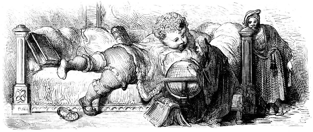 La educación de Gargantúa: el gigante, un niño, yace en su cama, estudiando un globo terráqueo con sus maestros. Ilustración de Gustave Dore para la obra de François Rabelais. de Gustave Dore