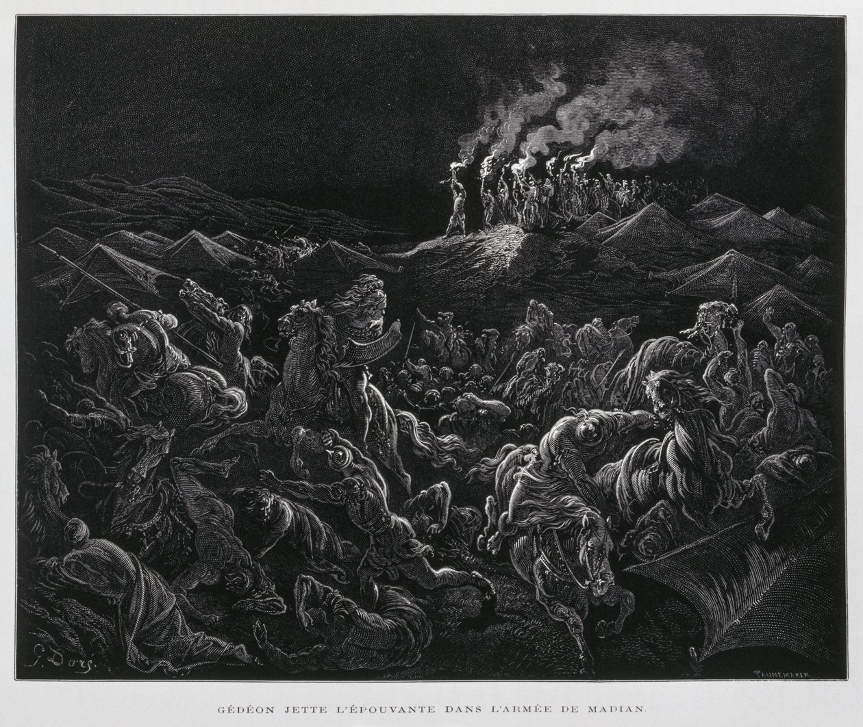 Gedeón ataca a los madianitas por la noche, Ilustración de la Biblia de Dore de Gustave Dore