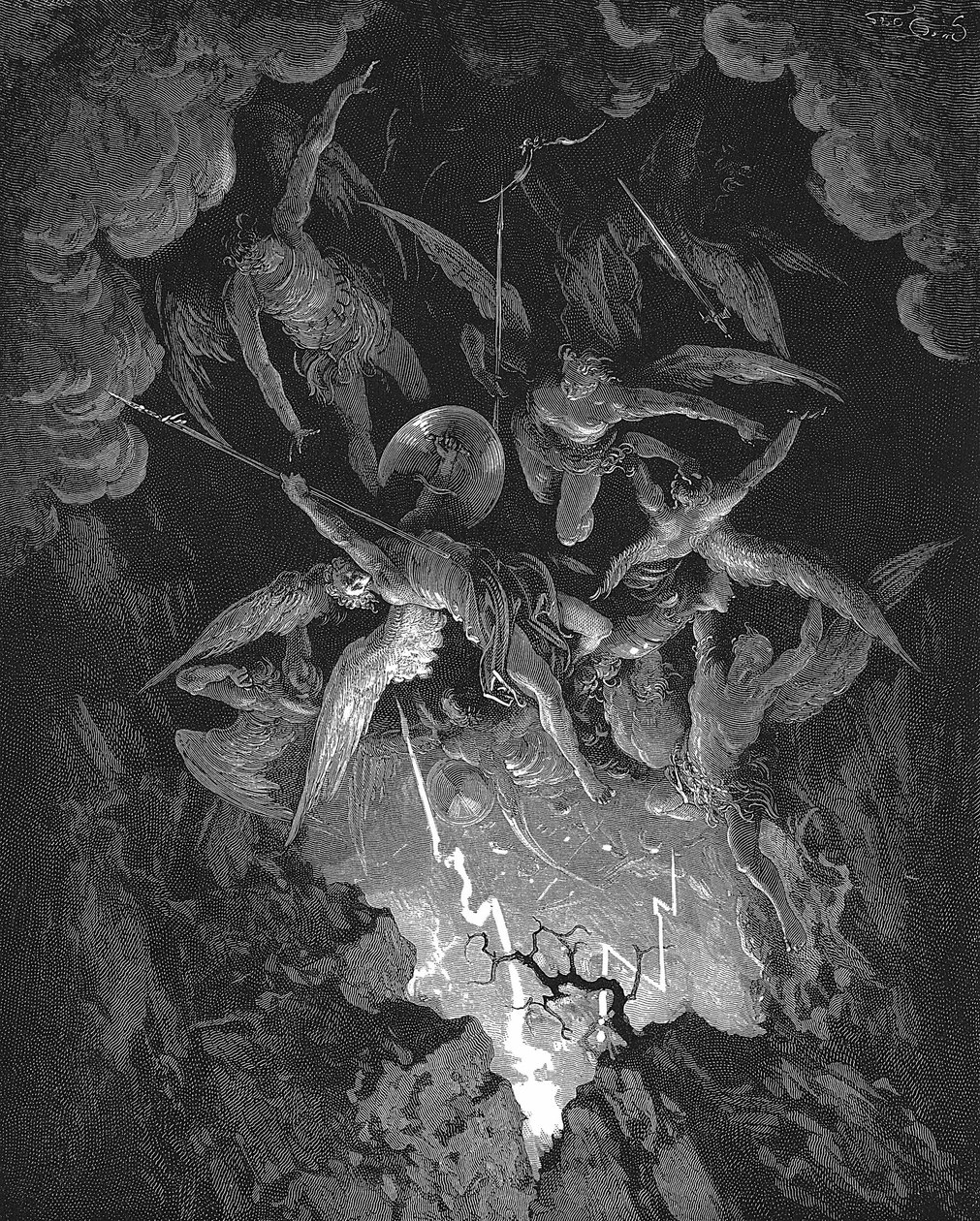 Ilustración de Gustave Dore para el poema épico de John Milton que dramatiza la caída del Hombre, El Paraíso Perdido (1667) Libro VI. Cayendo por la brecha del muro del cielo, los ángeles rebeldes se precipitan en el infierno. Grabado en madera 1866 de Gustave Dore