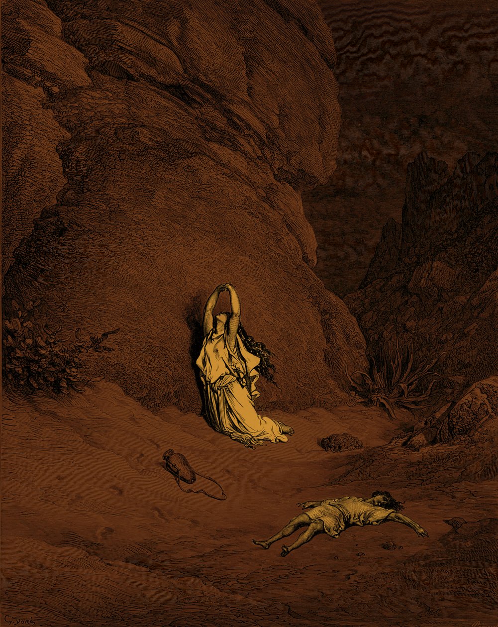 Agar e Ismael, grabado por Doré - Biblia de Gustave Dore