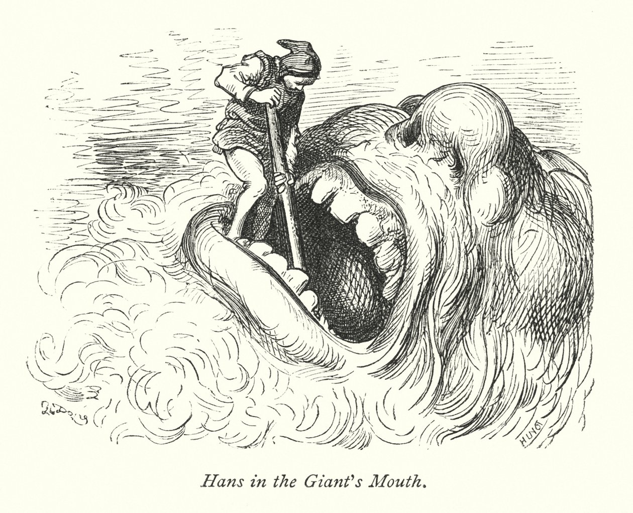 Hans en la boca del gigante (grabado) de Gustave Dore