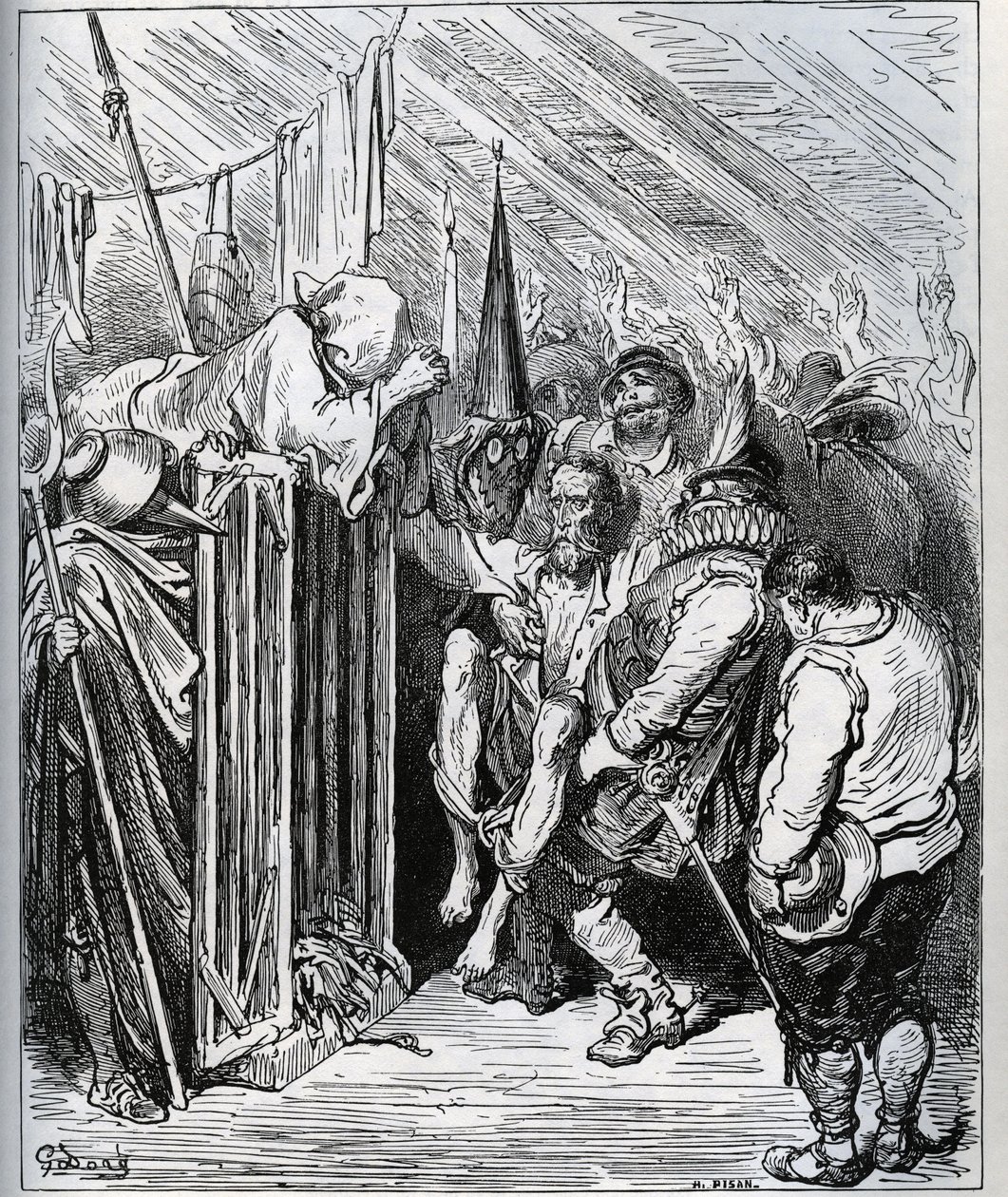 Cómo deshacerse de Don Quijote. La gente del hotel decidió encerrarlo haciéndole creer en un nuevo encantamiento y una nueva prueba caballeresca - de “Don Quijote de la Mancha” por Miguel de Cervantes (1547-1616) - Grabado en madera después de un dibujo de de Gustave Dore