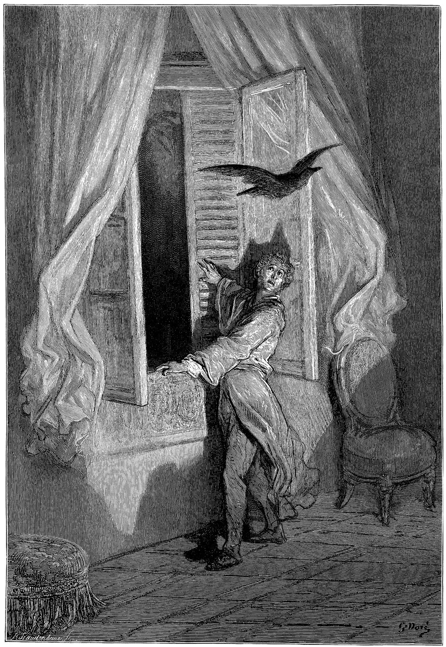 Ilustración de Gustave Dore (1832-1883) para el cuento "El cuervo" de Edgar Allan Poe. Esta serie fue terminada por Dore en 1883, el año de su muerte, y es por tanto una de sus obras más recientes. de Gustave Dore