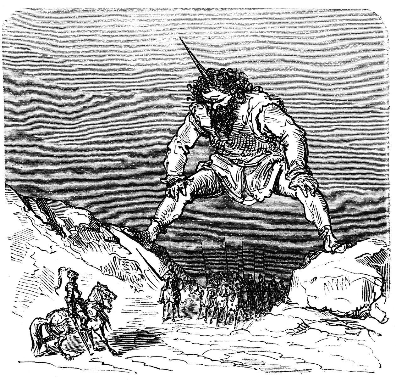 Ilustración de Gustave Dore (1832-1883) para el libro de Ernest Lepine "La legende de Croquemitaine" (1863) - Un gigante que recuerda a Gulliver - de Gustave Dore