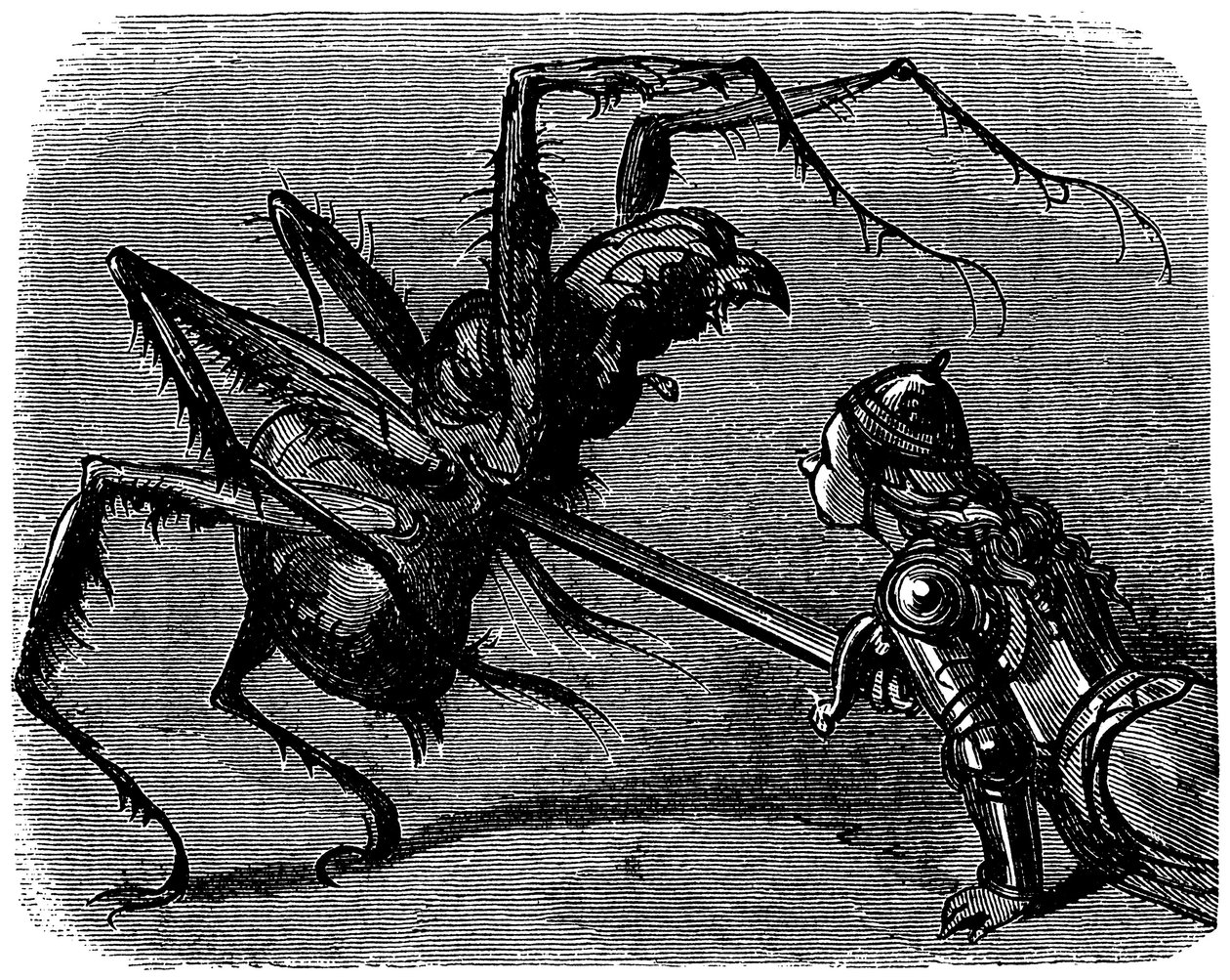 Ilustración de Gustave Dore (1832-1883) para el libro de Ernest Lepine "La legende de Croquemitaine" (1863) - Ante esta imagen de lucha con la espada contra un gigantesco araignee, uno no puede evitar pensar en la batalla de Frodo y Aragne en Tolkien