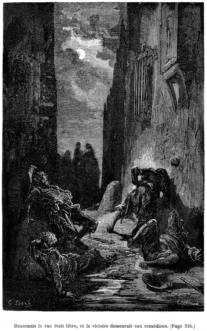 Ilustración de Gustave Dore para la novela de Theophile Gautier "Le Capitaine Fracasse" - Edición Charpentier 1883, prácticamente idéntica a la primera edición ilustrada por G. Dore en la misma editorial en 1866. Capítulo "Espada, bateo y otras aventuras de Gustave Dore