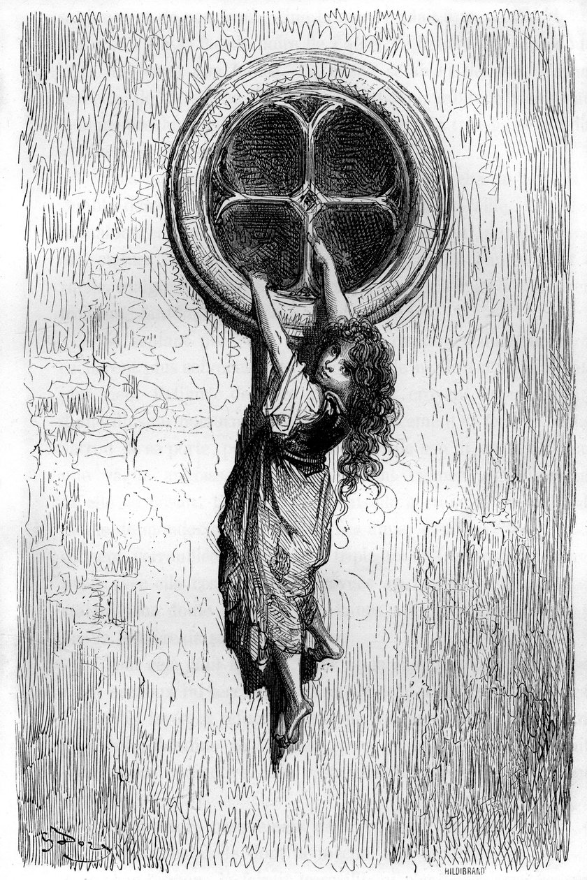 Ilustración de Gustave Dore para la novela "Le Capitaine Fracasse" de Theophile Gautier (1811-1872). Ágil como un gato y delgada como una serpiente, la joven Chiquita atraviesa una ventana para reunirse con Isabelle prisionera. de Gustave Dore