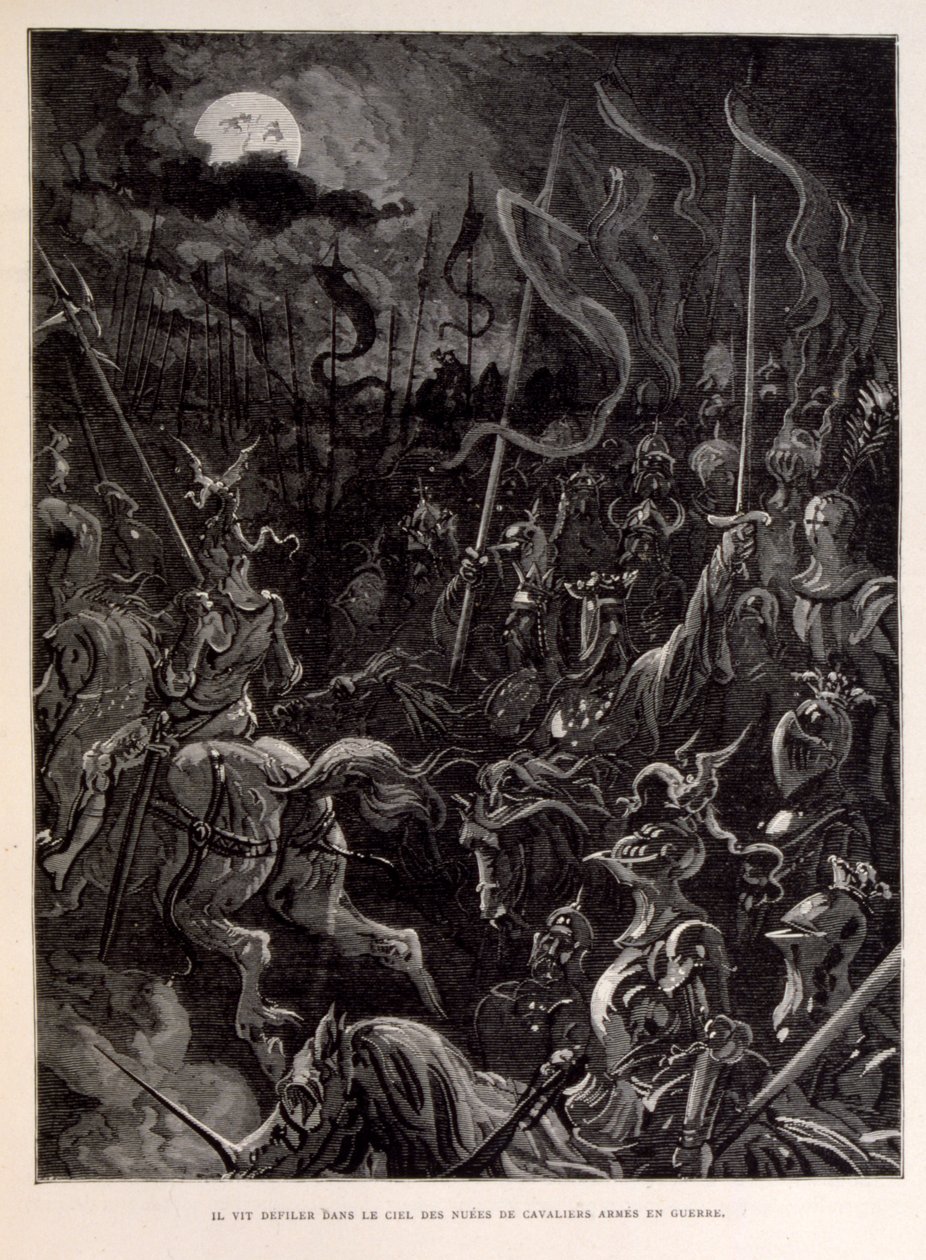 Ilustración de Caballeros en batalla durante un atardecer iluminado por la luna. de Gustave Dore